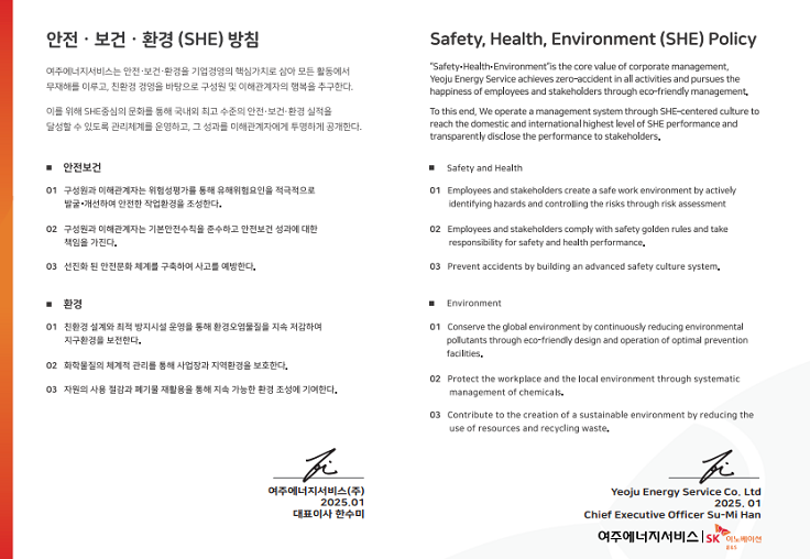 안전·보건·환경 (SHE) 방침 여주에너지서비스는 안전·보건·환경을 기업경영에 있어 핵심적인 가치로 인식한다. 인간위주의 경영이념을 통해, 임직원, 협력회사 및 이해관계자를 사업장재해로부터 안전하게 보호하며 무재해를 이루도록 노력한다. 친환경 경영이념을 통해 경영활동에서 발생하는 환경영향을 최소화 한다. 이러한 안전·보건·환경 경영 이념에 대한 의지와 그 실적이 Global 최고수준에 도달하도록 노력한다. 1.모든 임직원은 안전·보건·환경에 대한 리더십을 가지고 성과에 대한 책임을 가진다. 2. 사업장의 유해환경 및 불안전한 행동을 지속적으로 제거하여 구성원의 재해발생을 예방한다. 3. 지속적 개선과 예방활동을 통해 설비사고를 사전에 예방한다. 4. 개발, 설계, 설치, 운영, 공급 및 서비스 제공시 안전을 고려하고 환경을 보호한다. 5. 안전·보건·환경 경영시스템을 정기적으로 평가하고 그 결과를 대내외 이해 관계자에게 투명하게 공개한다. 6. 환경경영을 통한 오염방지 및 지구환경을 보존한다. 7. 방침을 달성하기 위해 법규를 준수하고 필요하다면 그 이상의 기준을 수립한다.